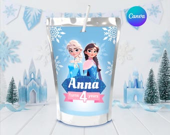 Rótulo Frozen CapriSun, Festa de Aniversário Princesa do Gelo, Modelo Editável do Canva (Download Digital)
