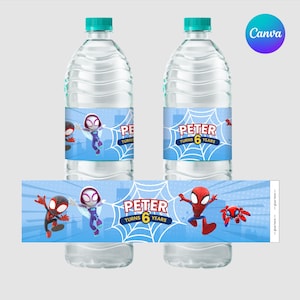 Spidey Birthday Water Bottle Label Canva Template for Kids Party Printable and Editable Decor, Super hero birthday
