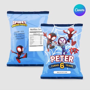 Editable Spiderman Chip Bag Label Canva Template for Superhero Kids Birthday Party, DIY Favor Bag Wrapper Printable