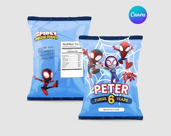 Editable Spiderman Chip Bag Label, Superhero Birthday (Canva Template)
