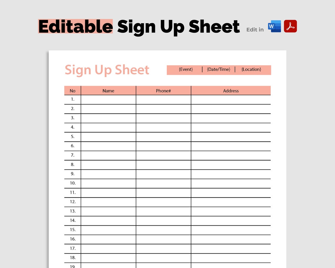 Editable Sign up Sheet, Printable Sign up Sheet, Event Sign up Sheet ...