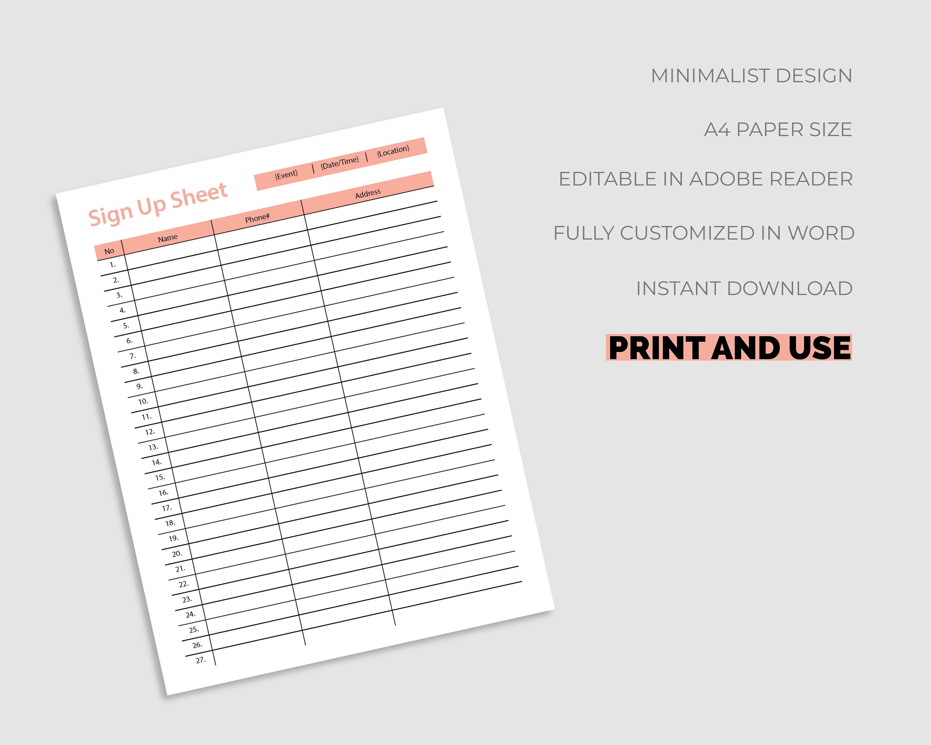 Editable Sign up Sheet, Printable Sign up Sheet, Event Sign up Sheet Template, Sign up Page ...