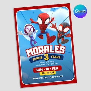 Convite de aniversário do Aranha e seus amigos, convite para festa infantil, convite editável no canva