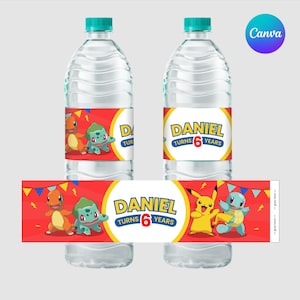May include: Two clear water bottles with teal lids, each with a custom label. The labels have a red background with cartoon characters and the text "DANIEL TURNS 6 YEARS". A matching label is below the bottles.
