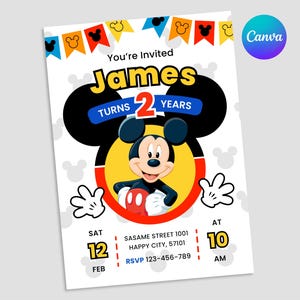 Mickey Birthday Invitation, Canva Template, Disney Party Invite