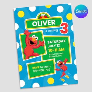 Elmo Birthday Invitation, Canva Template, Sesame Street Party Invite