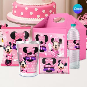 Minnie Mouse Birthday Party Favor Bundle, Canva Template (Includes Chip Bag, Bottle Label & Gable Box)