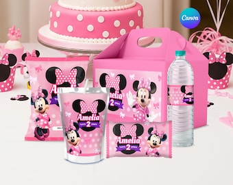 Minnie Mouse Birthday Party Favor Bundle, Canva Template (Includes Chip Bag, Bottle Label & Gable Box)