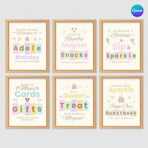 May include: Six framed prints with pastel colors and text. The prints include phrases like "Welcome to Adele Birthday", "Royalty Magical Snacks", and "Sip & Sparkle". The frames are light brown.