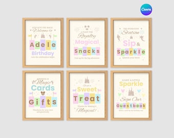 Conjunto de placas editáveis para festa de aniversário "O Lugar Mais Feliz da Terra", placa de mesa da Disneylândia, etiquetas para comida, pôster para mesa de presentes, modelo do Canva