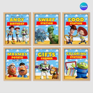 Toy Story Birthday Party Sign Bundle Canva Template, Editable Printable Signage Set for Kids Party, Welcome Sign, Favor Table Labels