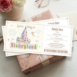 May include: A rectangular Disneyland souvenir ticket featuring a pink castle illustration, fireworks, and the text You're Going to Disneyland. The right side includes fields for Name, Date, Message, and a barcode, with the text Admit One at the top.