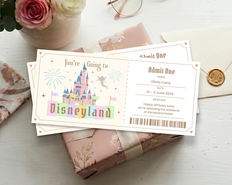 May include: A rectangular Disneyland souvenir ticket featuring a pink castle illustration, fireworks, and the text You're Going to Disneyland. The right side includes fields for Name, Date, Message, and a barcode, with the text Admit One at the top.