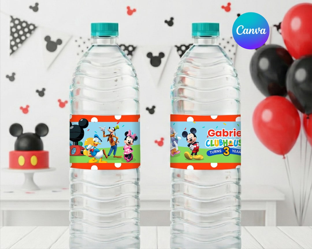 Mickey Mouse Clubhouse Birthday Water Bottle Label, Editable Canva