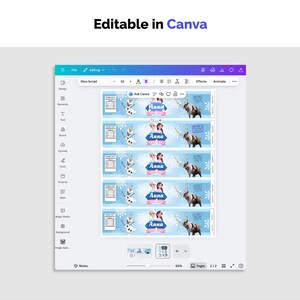 May include: A Canva design interface displaying a template with multiple banner designs. Each banner features the name "Anna", images of characters, and a reindeer against a light blue background. The text "Editable in Canva" is at the top.