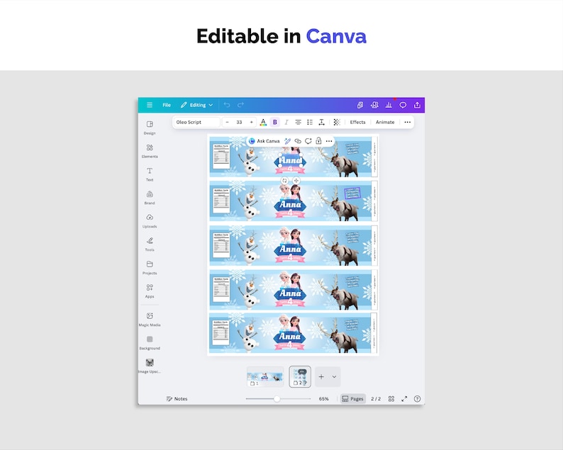 May include: A Canva design interface displaying a template with multiple banner designs. Each banner features the name "Anna", images of characters, and a reindeer against a light blue background. The text "Editable in Canva" is at the top.