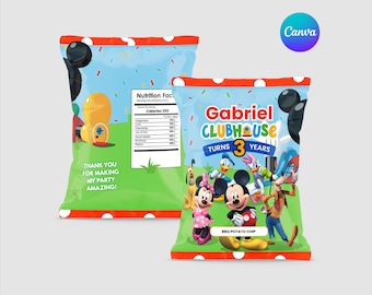 Rótulo editável para pacote de batatas fritas com tema de aniversário do Mickey Mouse Clubhouse, modelo do Canva (download digital)