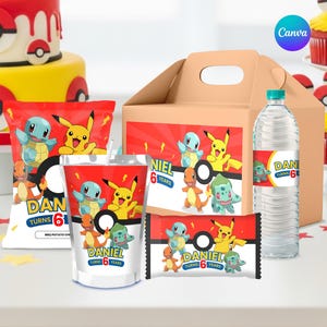 Può includere: Un tema per festa di compleanno con una torta gialla e rossa con un design Poké Ball, cupcake e bomboniere. Le bomboniere includono un sacchetto di patatine, un bicchiere, una barretta di cioccolato e una scatola regalo, tutti decorati con personaggi dei cartoni animati e la scritta "Daniel compie 6 anni".