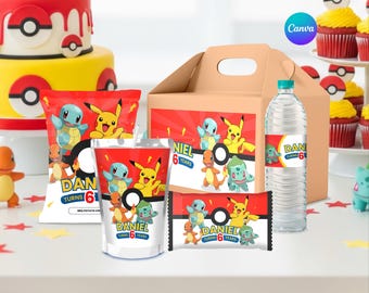 Lot de décorations de fête d'anniversaire Pokémon, modèles sur toile pour sacs à jetons, bouteille d'eau, Capri Sun et étiquettes de coffret cadeau