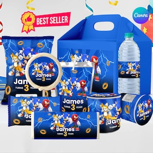 Sonic the Hedgehog födelsedagsfestgåva paket redigerbar canvasmall, utskrivbar chippåse, vattenflaska, etiketter för Gable Box digital nedladdning