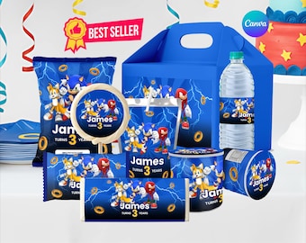 Sonic The Hedgehog Birthday Party Favor Bundle Editable Canva Template, Printable Chip Bag, Water Bottle, Gable Box Labels Digital Download