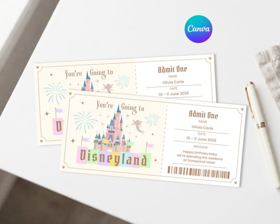Disneyland Surprise Trip Reveal Ticket Template, Happiest Place on Earth Vacation Boarding Pass, Editable Canva Printable Gift Voucher