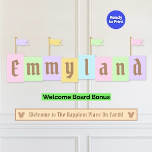 Letrero personalizado de cumpleaños de Disneyland, decoración de bienvenida para fiestas de Disney, pancarta personalizada del lugar más feliz del mundo (descarga digital)