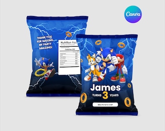 Pacote de Batatas Fritas de Aniversário do Sonic Editável, Modelo Canva (Download Digital)