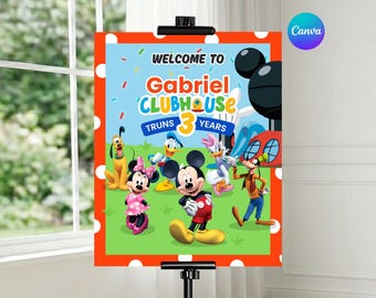 Placa de boas-vindas da Casa do Mickey Mouse, modelo editável para decoração de festa no Canva para aniversário.