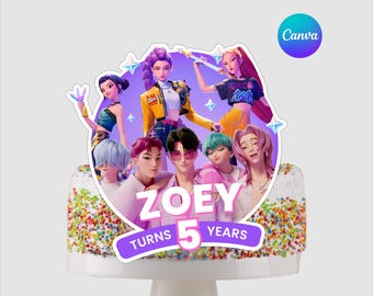 Modelo de topo de bolo de aniversário KPop Demon Hunters editável no Canva, materiais para festa, download digital