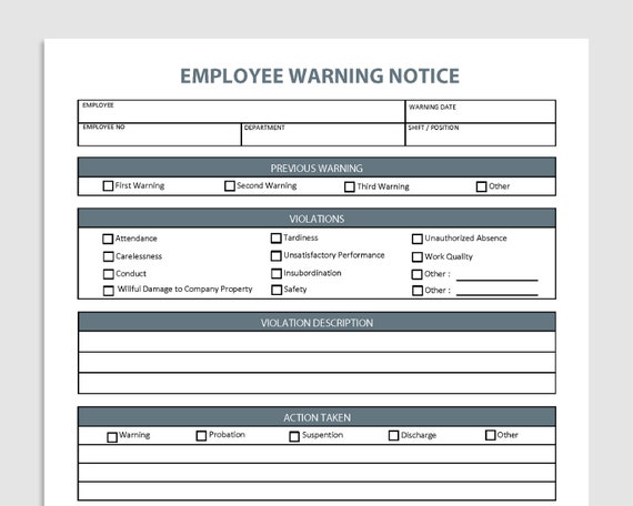 Editable Employee Warning Notice. Pdf/microsoft Word. Employee - Etsy