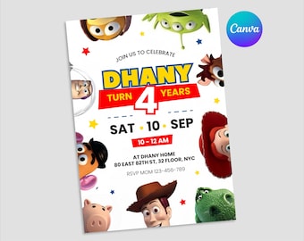 Invito di compleanno a tema Toy Story, modello Canva modificabile (invito digitale)