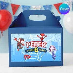 Spidey och vänner födelsedagsgavellåda etikett, superhjältefest (Canva-mall)