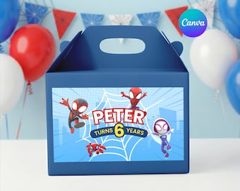 Etiqueta para caixa de aniversário do Homem-Aranha e seus amigos, festa de super-heróis (modelo em Canva)
