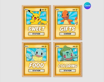 Conjunto de placas para festa de aniversário Pokémon, decoração para festa infantil (download digital)