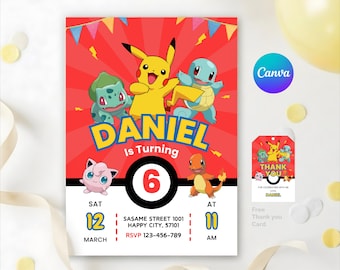 Convite de aniversário Pokémon editável, convite de festa imprimível (digital)