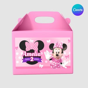 Minnie Mouse Birthday Party Gable Box Label Canva Template, Editable Favor Box Sticker for Girls Birthday, Printable Party Box Design