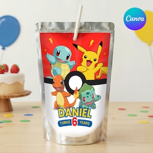Editable Pokemon Drink Pouch Label, Canva Template for Birthday Party Favor