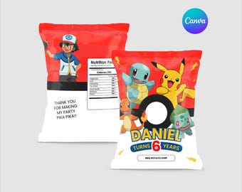Sacchetto per snack Pokemon modificabile, modello Canva per etichette per dolcetti per feste di compleanno