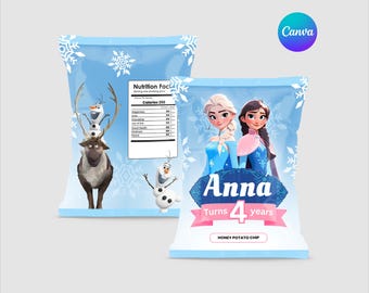 Etiqueta para bolsa de papas fritas de cumpleaños de Frozen, plantilla editable de Canva (descarga digital)