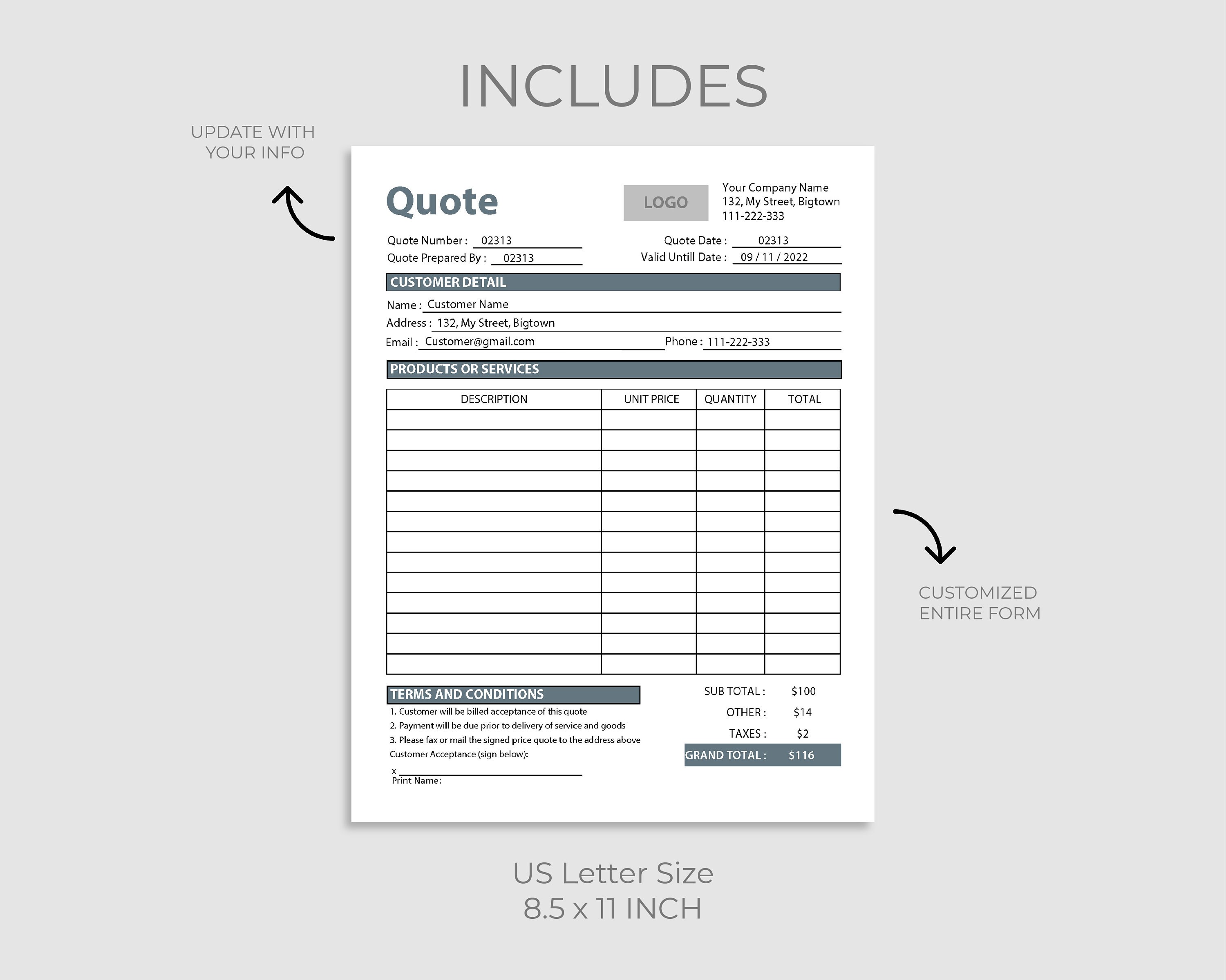 Printable Quote Template, Quote Template, Quote Form, Bussines, Quote