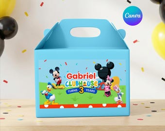 Etiqueta para caixa de aniversário do Mickey Mouse Clubhouse, modelo editável do Canva (download digital)