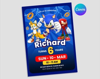 Sonic Birthday Invitation, Editable Party Invite (Digital Download)