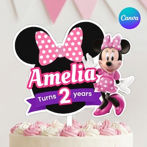 Minnie Mouse Birthday Cake Topper, Editable Canva Template (Digital Download)