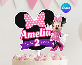 Topo de bolo de aniversário da Minnie Mouse, modelo editável do Canva (download digital)