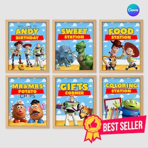 May include: Six framed Toy Story themed party signs. Each sign features characters and text like "Welcome to Andy Birthday", "Sweet Station", "Food Station", "Mr & Mrs Potato Chips", "Gifts Corner", and "Coloring Station". A "Best Seller" ribbon is at the bottom.