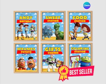 Letreros para fiesta de cumpleaños de Toy Story, plantilla imprimible de Canva (descarga digital)