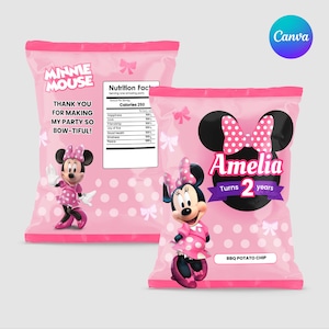 Editable Minnie Mouse Chip Bag Label Canva Template, Printable Party Favor Snack Wrapper for Girls Birthday, Cute DIY Minnie Party Decor