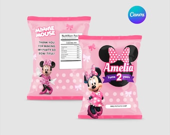 Bearbeitbares Minnie-Maus-Chip-Taschenetikett, Geburtstagsgeschenk (Canva-Vorlage)