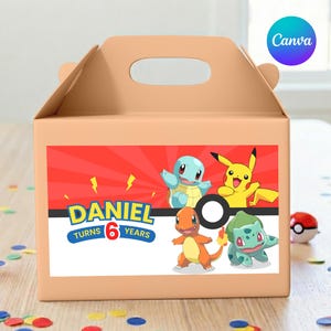 Pokemon Birthday Gable Box Label Canva Template, Editable Printable Favor Box Tag for Kids Party, Pikachu Theme Party Decoration Box Sticker
